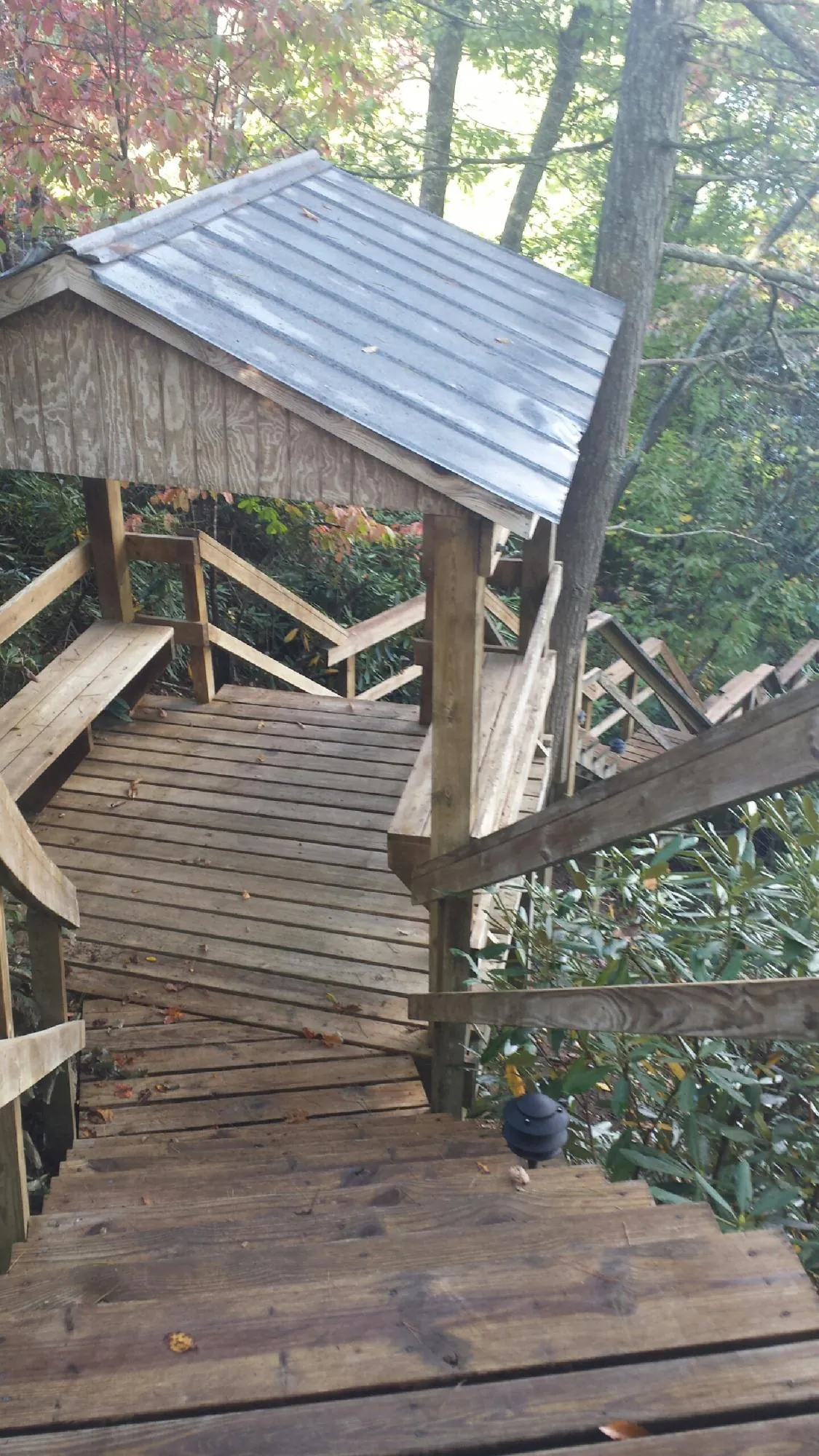 Metal roofed shelter over wooden steps on a wooded walkway — Skylight Repair & Installation work by our crew in Kittitas